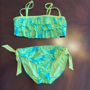 Justice 2 PC Swimwear. Girl sz 12. Greenish/Yellow Tropical Leaf Print.